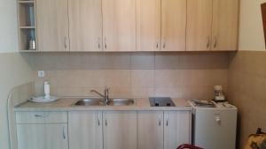 a kitchen with wooden cabinets and a sink and a refrigerator at Guesthouse Vujacic in Cetinje