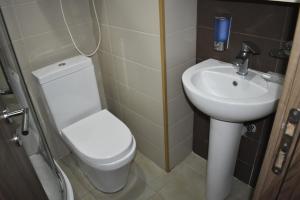 a small bathroom with a toilet and a sink at Hotel Orbi Plaza in Batumi +37 photos