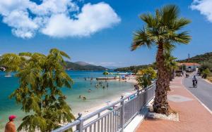 Una playa con gente en el agua y una palmera. en Apartments Iva i Marko, en Marina