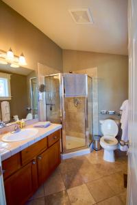 a bathroom with a shower and a toilet and a sink at Comfort and Grace Perched on Queen Anne Hill in Seattle