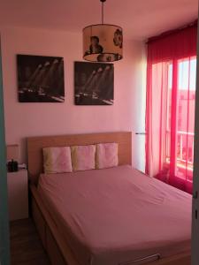 セットにあるAppartement Sète La Cornicheのベッドルーム1室(ピンクのシーツが敷かれたベッド1台、窓付)