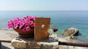 einen Topf mit rosa Blumen und ein Glas Wein in der Unterkunft Hotel Sardi in Pomonte