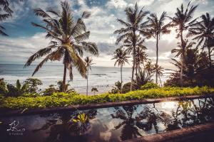 vistas a una playa con palmeras y al océano en Villa Rumah Pantai Bali, en Selemadeg