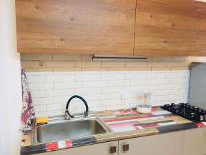 库塔伊西Apartment Soho Tabidze的厨房柜台设有水槽和炉灶。