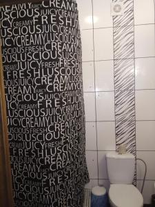 a bathroom with a shower curtain next to a toilet at Rodina Hotel in Odesa