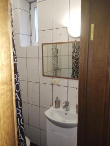 een badkamer met een wastafel en een spiegel bij Rodina Hotel in Odessa