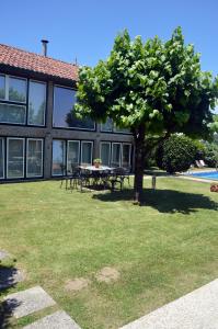 a table and a tree in the yard of a house at Casa Do Carvalho in Viatodos