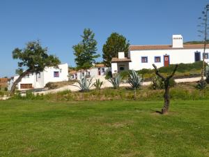 ein weißes Haus mit einem grünen Garten mit einem Baum in der Unterkunft Monte Do Adail Turismo Rural Casa De Campo in Vila Nova de Milfontes
