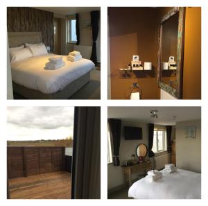four pictures of a hotel room with a bed and a window at The Sail Loft in Southwold