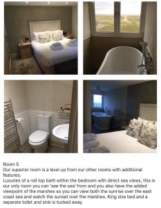 a collage of four pictures of a bedroom and a bathroom at The Sail Loft in Southwold