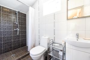 uma casa de banho com um WC, um lavatório e um chuveiro em Laimingas Uodas em Šventoji