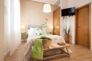 マラガにあるMalaga Center Flat Historic Centerのベッドとテーブルとテレビのある寝室