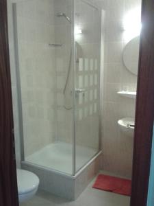 a shower with a glass door in a bathroom at Hotel Haegert in Neustrelitz