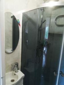 a shower with a glass door next to a sink at Couple getaway to a freshly renovated apartment in Pärnu