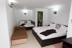 a small room with two beds and a table at Vila Sandra in Costinesti