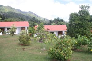 una casa con árboles y arbustos delante de ella en Daniella's Bungalows, en Bel Ombre