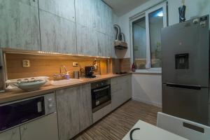 uma cozinha com um lavatório e um frigorífico em Pijama Hostel em Plovdiv