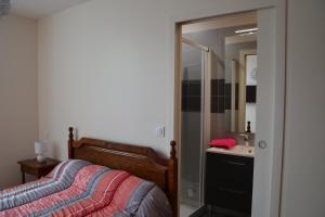 a bedroom with a bed and a sink and a mirror at Domaine de Biscaye in Lourdes