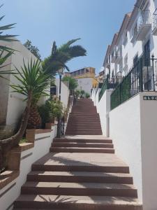 una escalera que conduce a un edificio con palmeras en Cuesta del Tajillo, en Torremolinos