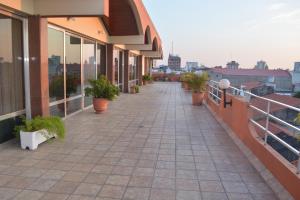 聖克魯斯的住宿－Hotel America，一座种植了盆栽植物的建筑的阳台