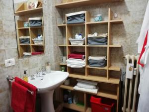 a bathroom with a sink and a shelf with towels at Appartamento con vista sul Cimone in Fiumalbo