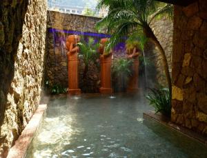 a garden with a waterfall and a water fountain at Balinese onsen ryokan Hakone Airu in Hakone