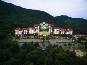 Muju Ilsung Condo في Muju: مبنى كبير به أضواء حمراء وأخضر