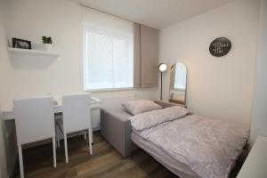 Schlafzimmer mit einem Bett, einem Schreibtisch und einem Spiegel in der Unterkunft Elegant central Apt Maribor w/Parking in Maribor