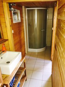 een badkamer met een wastafel en een douche bij Summer lake in Chotilsko