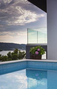 a swimming pool with a view of the water at Villa Regina with heated pool and sea view in Marina