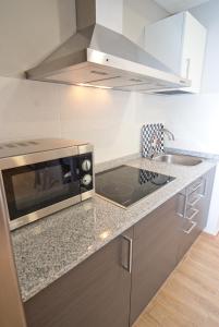 a kitchen with a sink and a microwave at Apartahotel & Spa Jacetania in Jaca