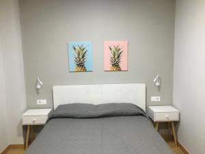 ein Schlafzimmer mit einem Bett und drei Gemälden an der Wand in der Unterkunft Apartamentos Maladeta in Benasque