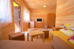 a room with wooden walls and a living room with a tv at Łebski Kemping in Łeba