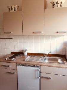 eine Küche mit einer Spüle und einer Arbeitsplatte in der Unterkunft Kant-Haus in Viernheim