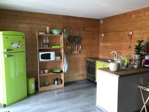 a kitchen with a green refrigerator and wooden walls at Résidence Village Marin Catalan TORREILLES PLAGE in Torreilles +11 photos