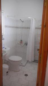 a bathroom with a toilet and a shower with a shower curtain at Annita Studios in Arkasa