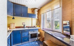 モスクワにあるАпартаменты на Большой Якиманке 32のキッチン(青いキャビネット付)、大きな窓