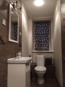 ein Badezimmer mit weißer Toilette und Waschbecken in der Unterkunft Apartaments Selga in Roja