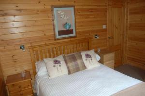 1 dormitorio con 1 cama en una cabaña en Luxury woodland Alder Lodge, en Killin