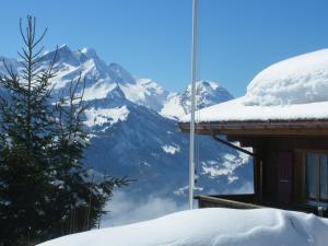 a view of a snow covered mountain from a house at Chalet Blatti in Hasliberg Wasserwendi