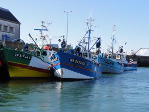 four boats docked in the water next to a building at les volets bleus in Saint-Guénolé