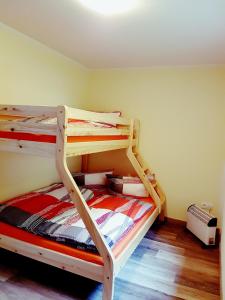 a bedroom with two bunk beds in a room at Ferienhaus am Badesee Schönsee Bungalow 12 in Urnshausen