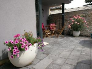 dois potes brancos com flores num pátio em Zsinkó Villa em Pécs