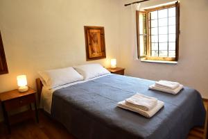 ein Schlafzimmer mit einem blauen Bett mit zwei Handtüchern darauf in der Unterkunft Mylopotamos Beach House in Mylopotamos