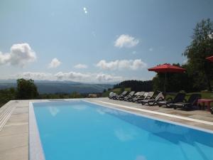 una gran piscina con sillas y sombrilla en Gästehaus Pension Bergwald en Scheidegg