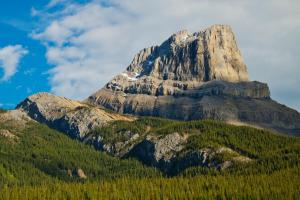 a mountain with trees in front of it at Overlander Mountain Lodge in Jasper