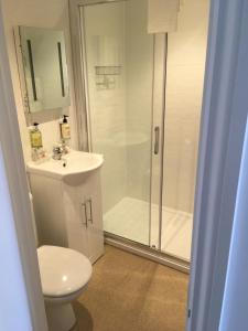a bathroom with a shower and a toilet and a sink at Hotel Balmoral in Bournemouth