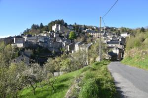 ein Dorf an der Seite eines Hügels mit einer Straße in der Unterkunft Relais du Bois du Four in Saint-Léons