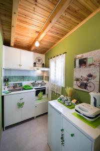 cocina con paredes verdes y armarios blancos en Manthiata Studios, en Exanthia