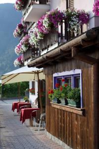 un bâtiment avec des fleurs dans une fenêtre avec des tables et des chaises dans l'établissement Hotel Spera, à Strigno